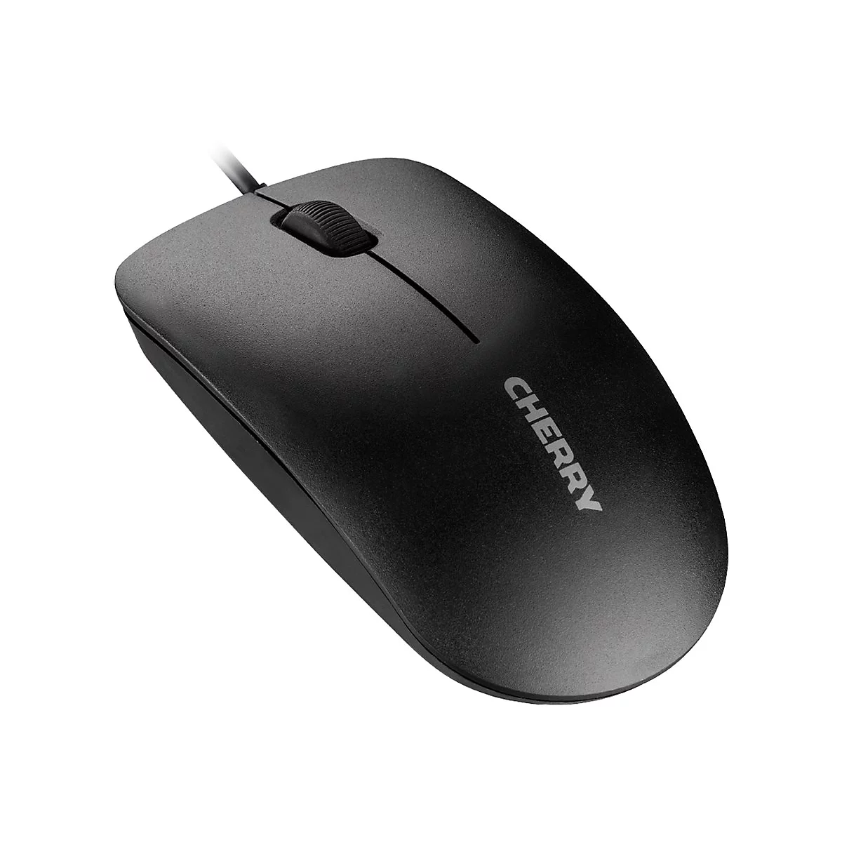 Souris d'ordinateur noire avec le logo Cherry. Elle possède une molette de défilement et un câble.