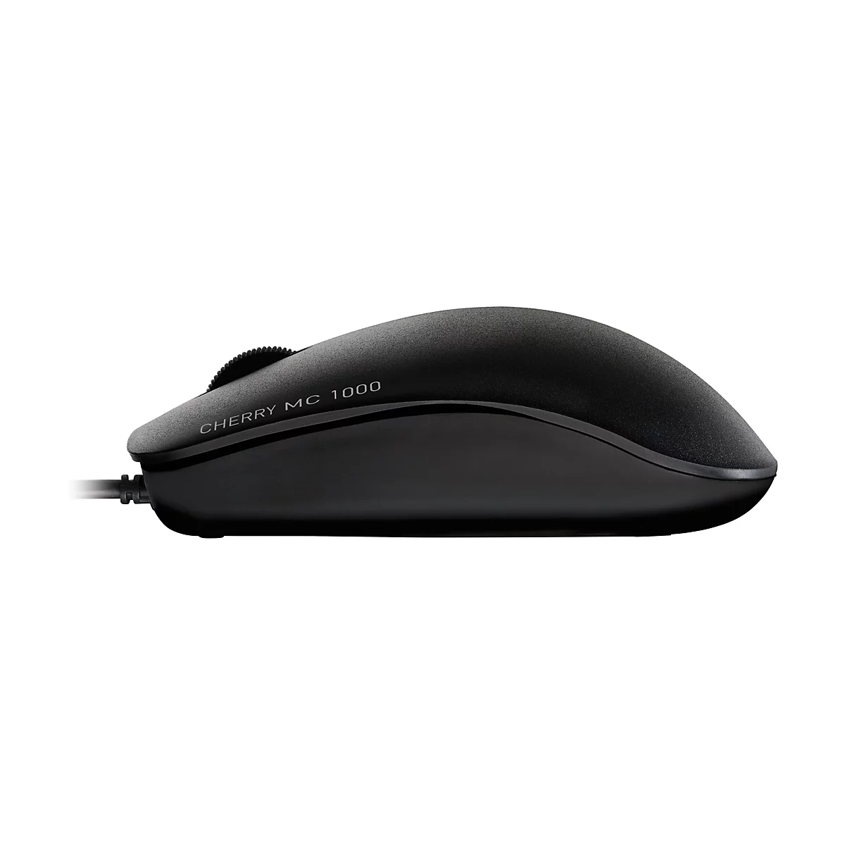 Souris d'ordinateur noire avec l'inscription "CHERRY MC 1000" sur fond blanc.