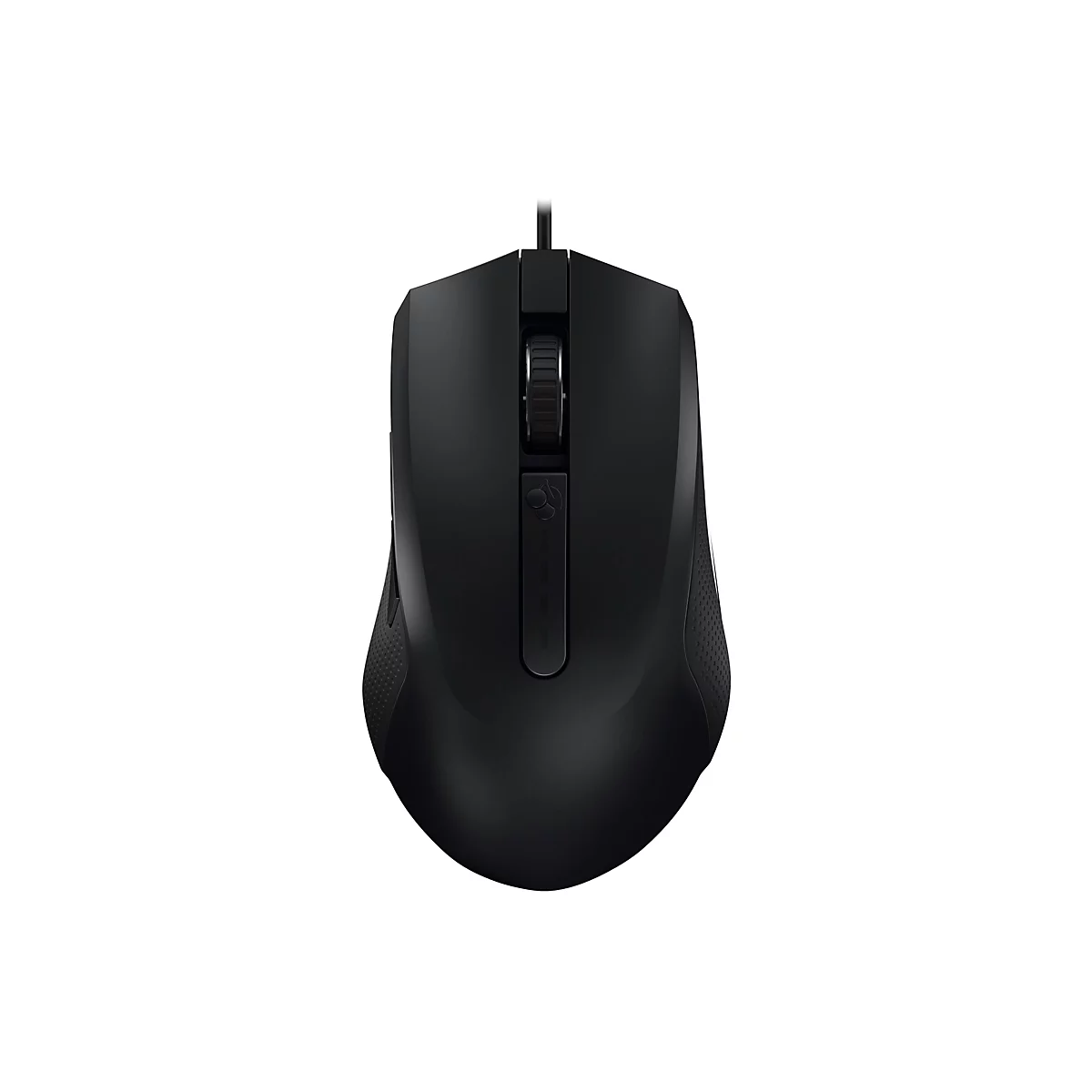 Schwarze Computermaus mit Kabel vor weiÃŸem Hintergrund, zwei Tasten und Scrollrad.
