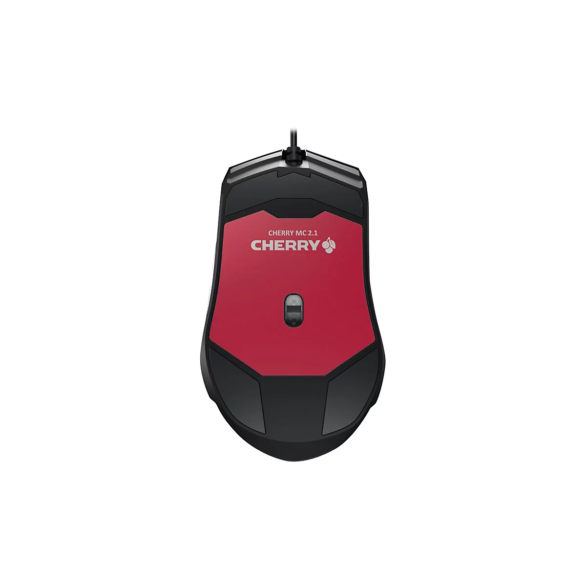 Eine rote und schwarze Computermaus, Cherry MC 3.1, auf weiÃŸem Grund.