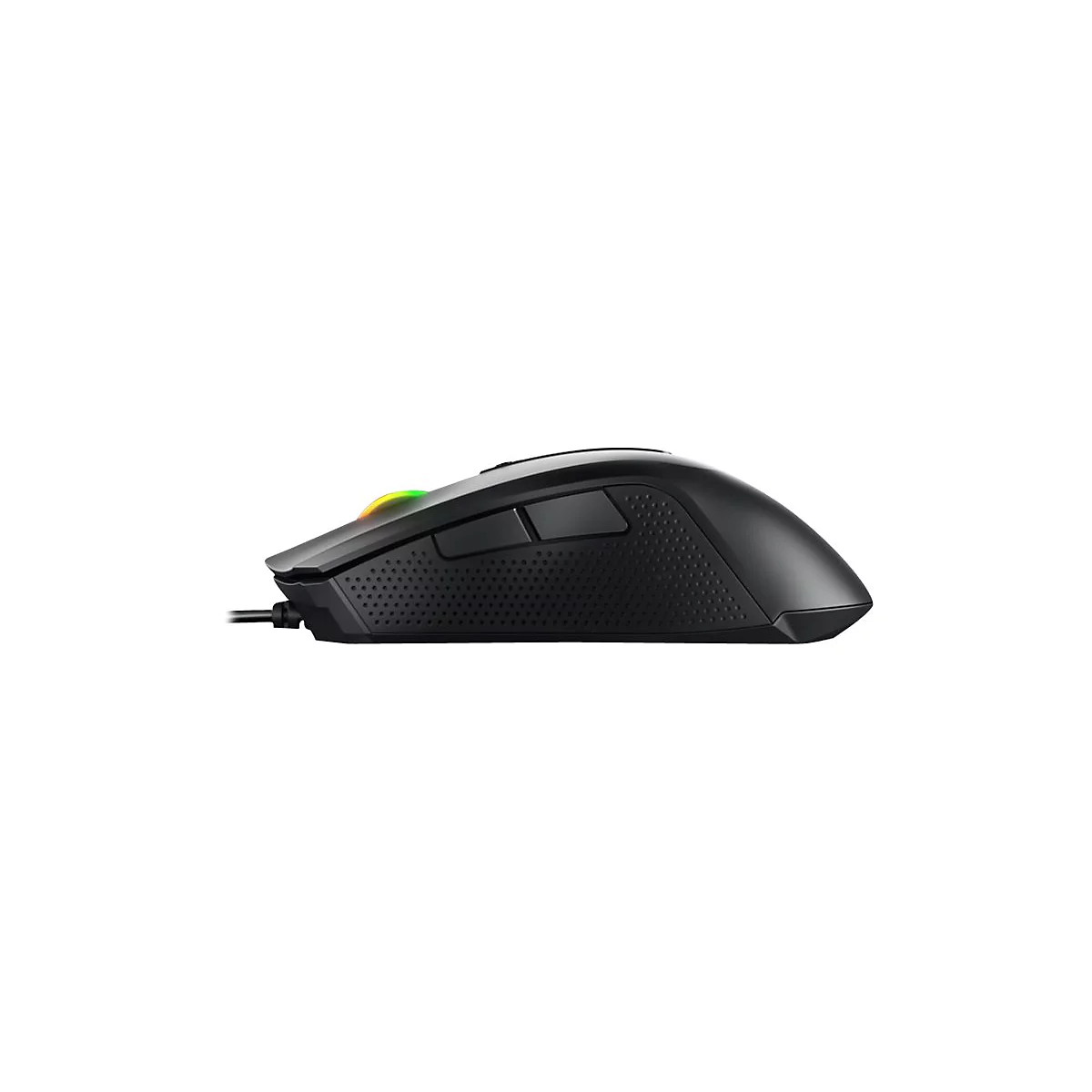 Schwarze Gaming-Maus mit Seitentasten und Beleuchtung, seitlich aufgenommen.