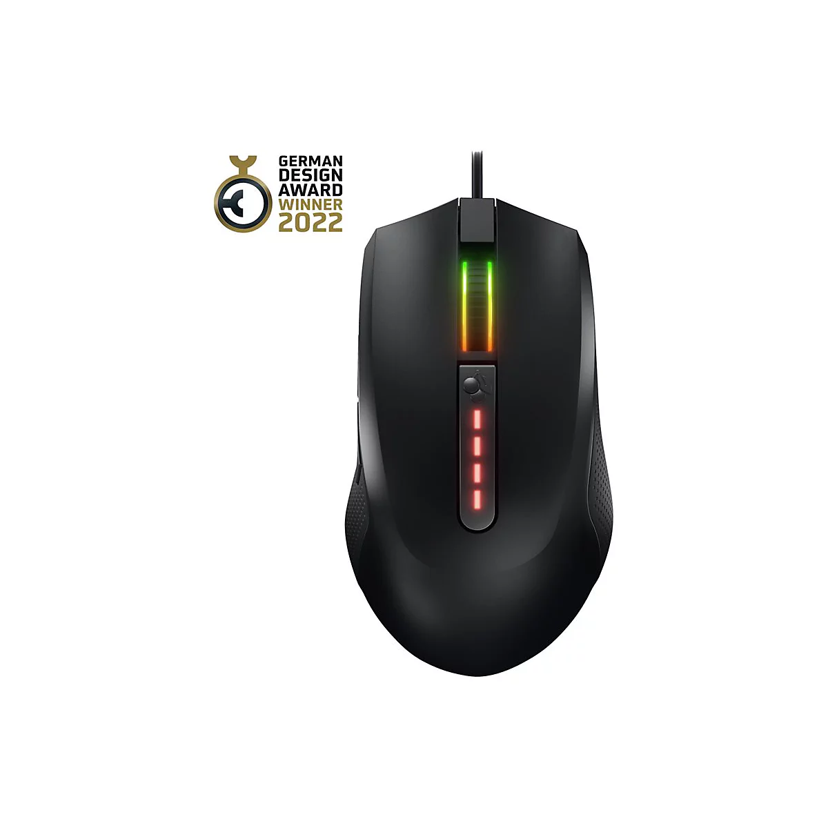 Schwarze Gaming-Maus mit farbigen LED-Leuchten, Auszeichnung German Design Award Winner 2022.
