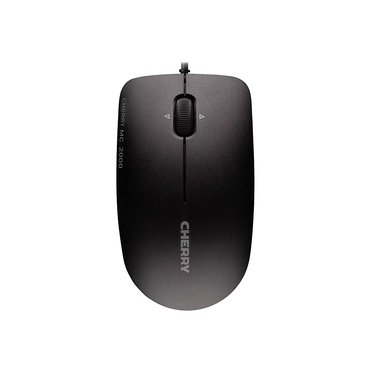 Schwarze Computermaus mit Cherry-Logo und Rollrad. Drahtgebunden auf weißem Hintergrund.