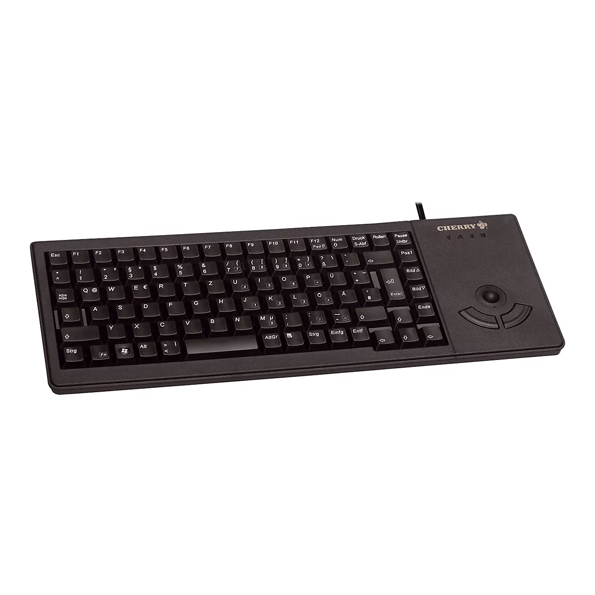 Schwarze Cherry-Tastatur mit integriertem Trackball und Funktionstasten. Das Layout ist deutsch.