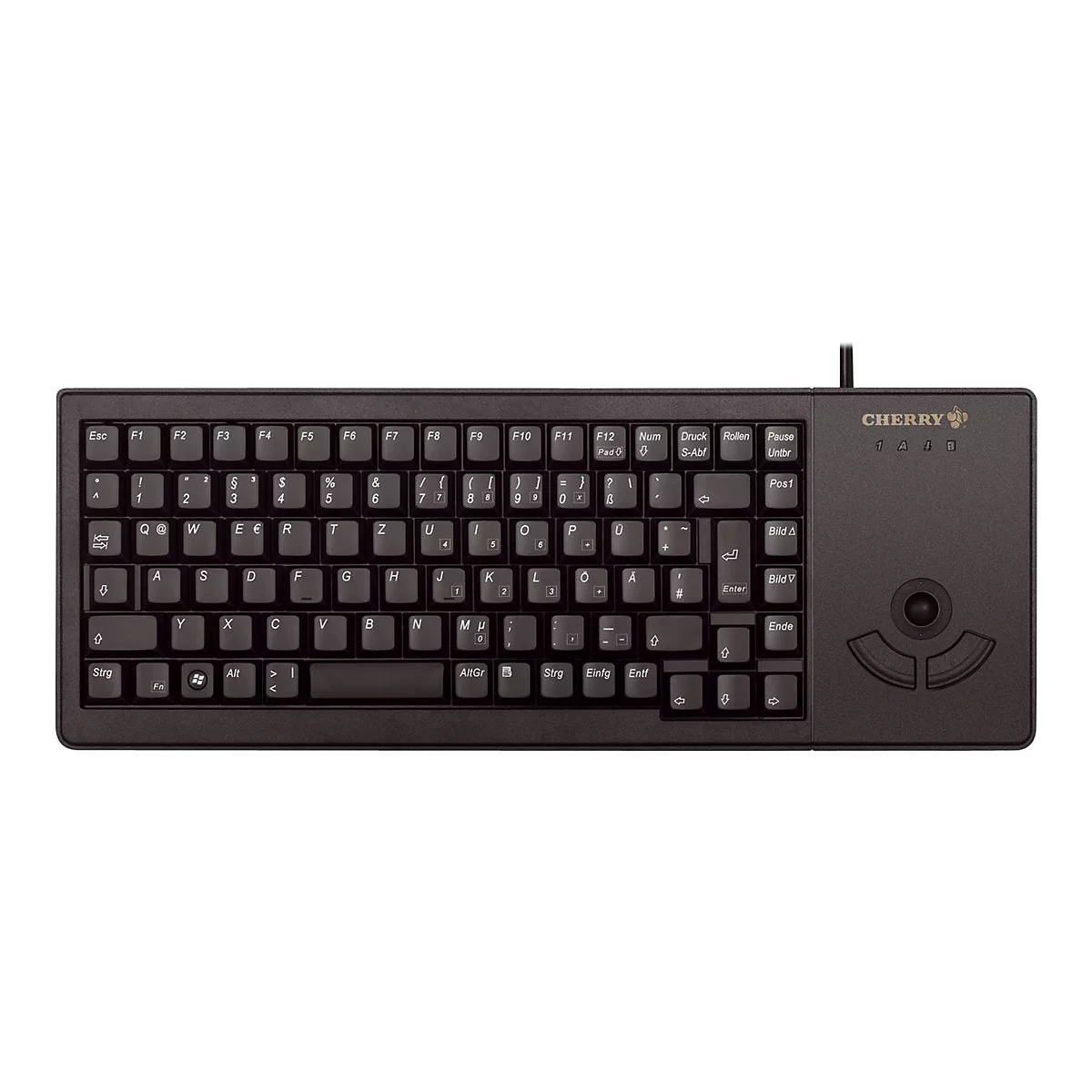 Schwarze Tastatur mit Trackball und Funktionstasten. Cherry Logo in der oberen rechten Ecke.