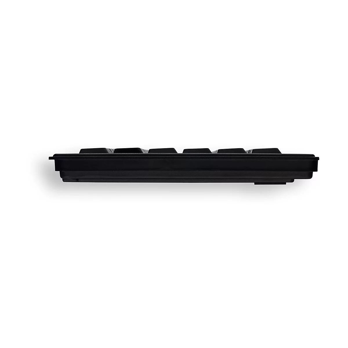 Schwarze Tastatur von der Seite gesehen. Sichtbar sind Tasten, Rahmen und die Unterseite.