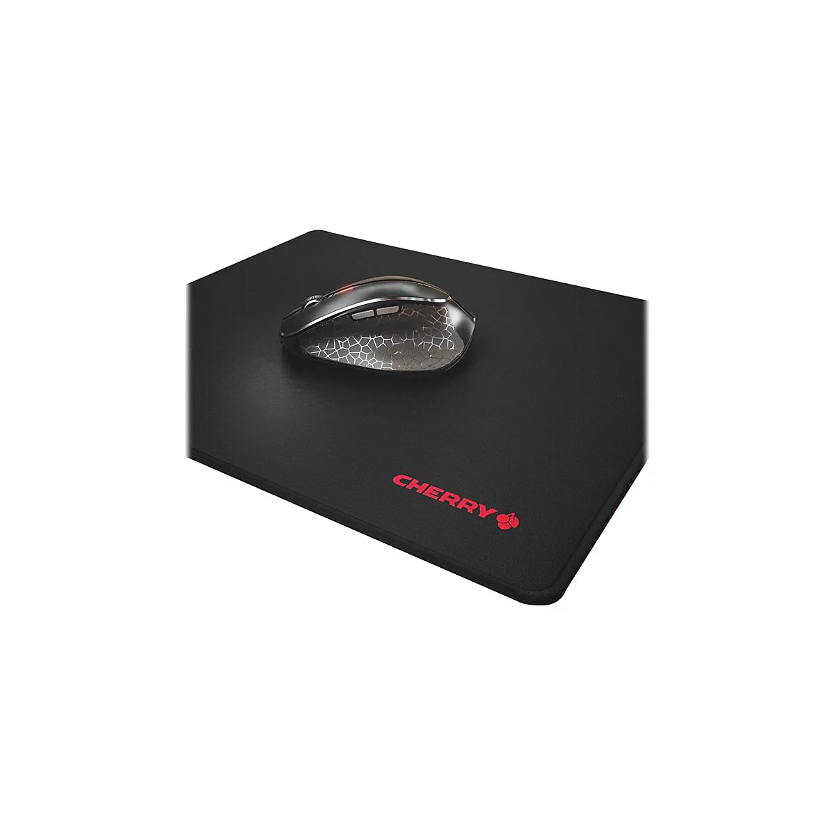 Tapis de souris noir avec logo Cherry rouge et souris. La souris est grise et noire.