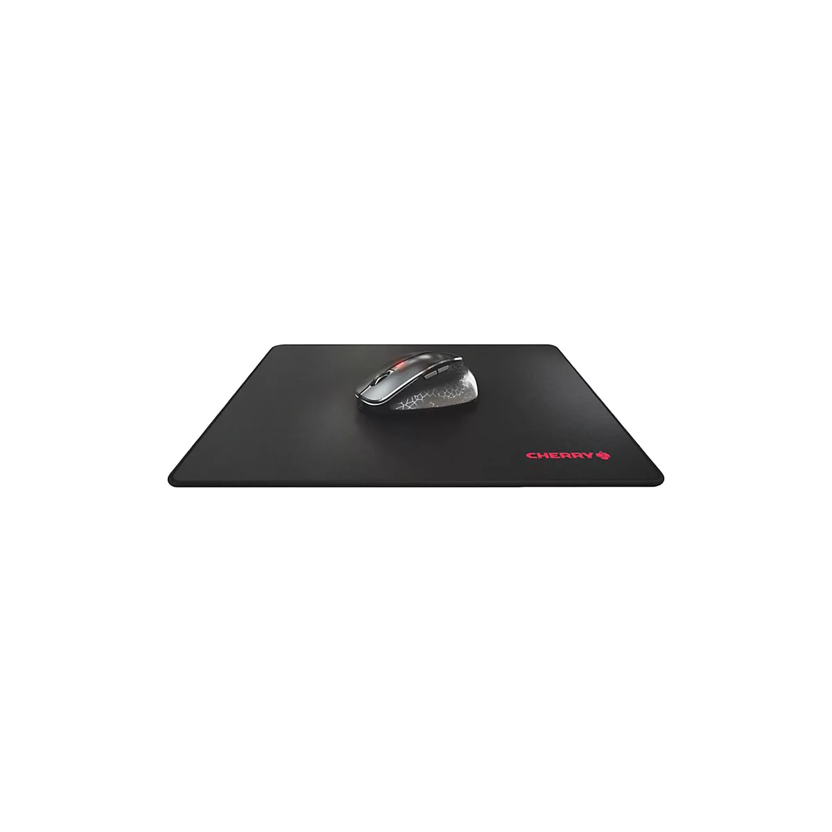 Un tapis de souris noir avec le logo Cherry rouge et une souris sur fond blanc.