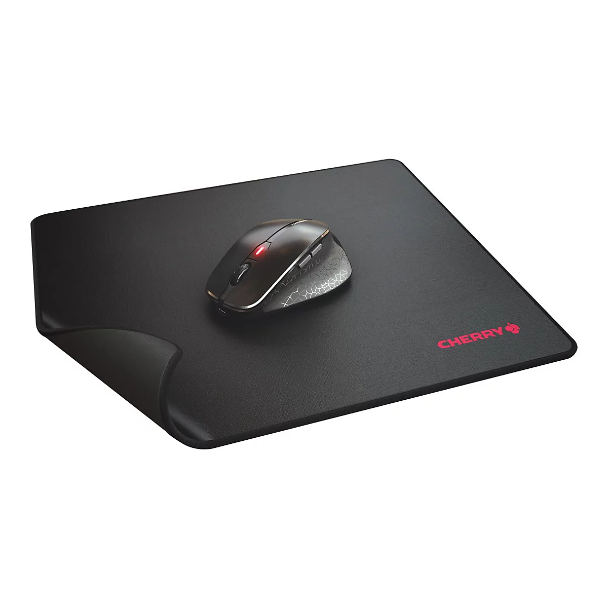 Tapis de souris noir avec souris sans fil. Inscription 'CHERRY' en rouge.