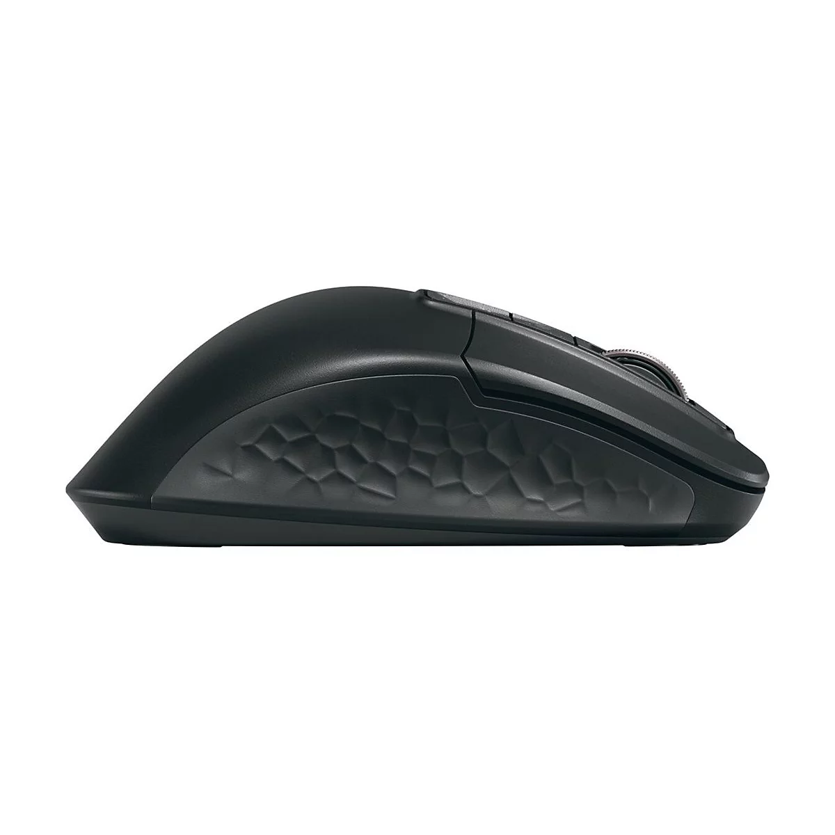Vue latérale d'une souris noire. La surface est mate et de forme ergonomique. Sur un côté, un motif hexagonal.