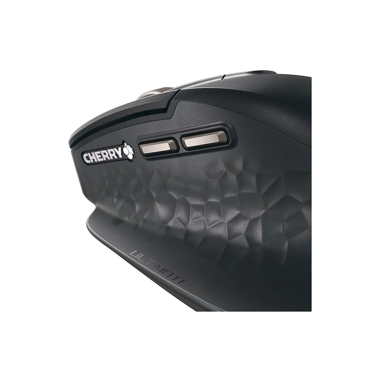 Gros plan sur une souris d'ordinateur noire avec l'inscription "CHERRY" et une texture en forme de losange.
