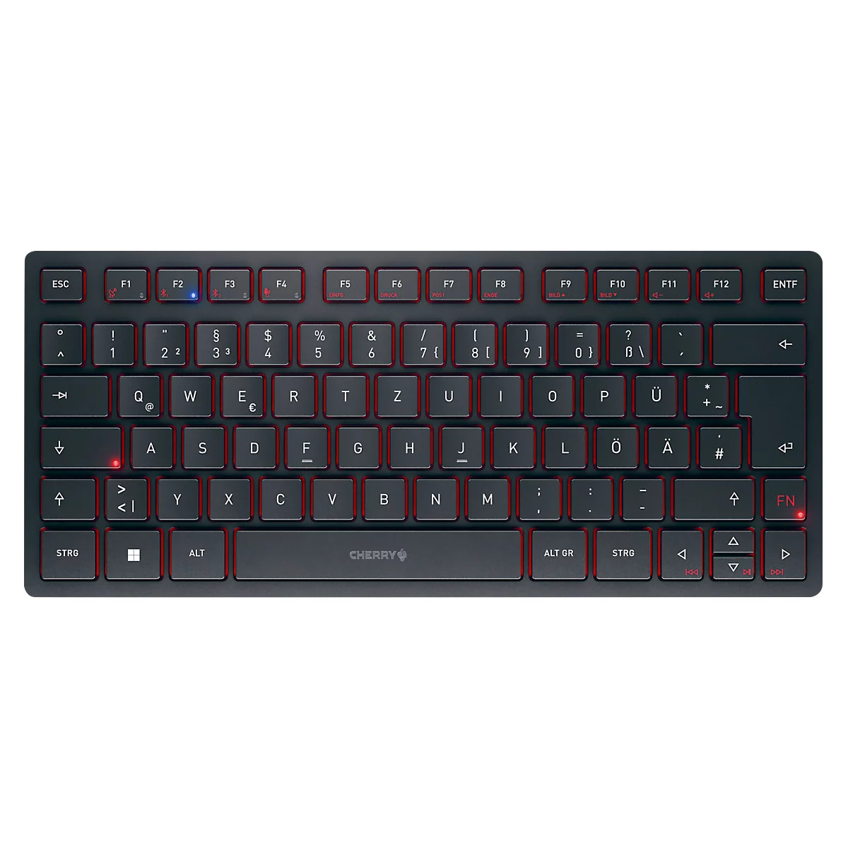 Cherry Multi-Device Tastatur KW 9200 Mini, QWERTZ, 2x Bluetooth 5.0, 2.4 GHz Funk- und USB-C-Kabelkanal, wiederaufladbar, schwarz