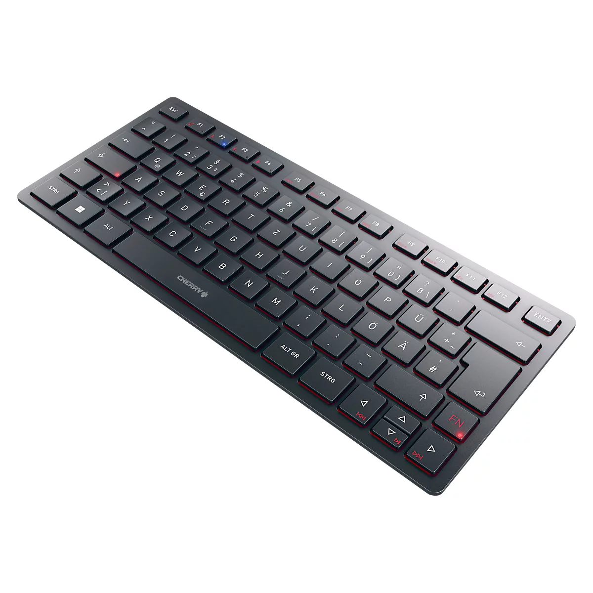 Cherry Multi-Device Tastatur KW 9200 Mini, QWERTZ, 2x Bluetooth 5.0, 2.4 GHz Funk- und USB-C-Kabelkanal, wiederaufladbar, schwarz