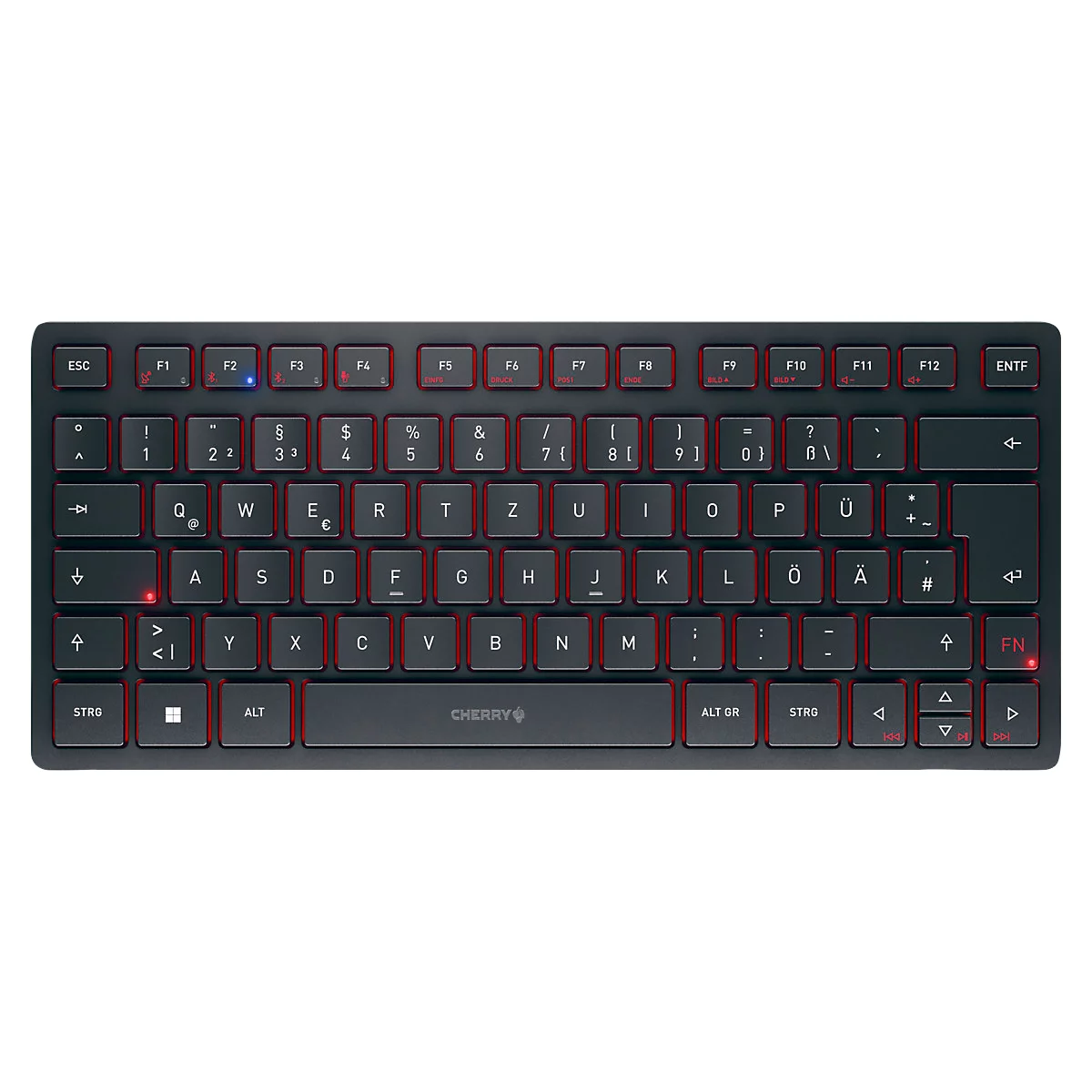 Cherry Multi-Device Tastatur KW 9200 Mini, QWERTZ, 2x Bluetooth 5.0, 2.4 GHz Funk- und USB-C-Kabelkanal, wiederaufladbar, schwarz