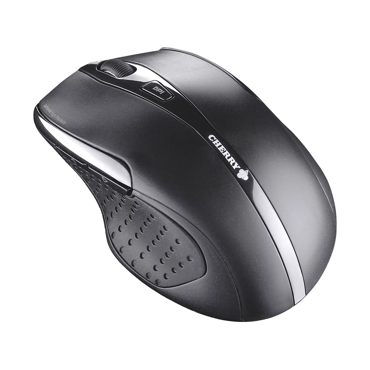 Black computer mouse with silver accents and the Cherry logo. Scroll wheel and DPI button are visible.