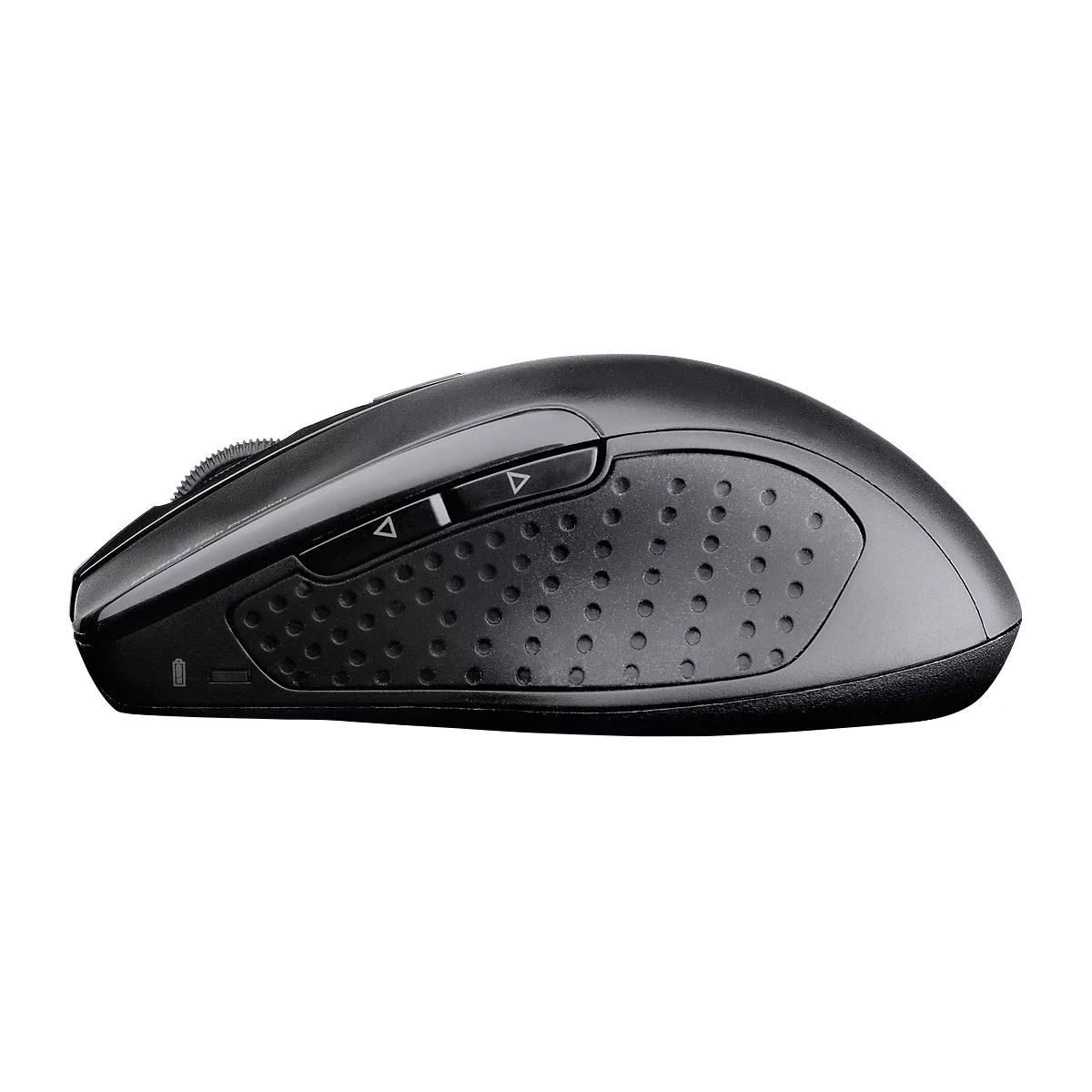 Black computer mouse with perforated sides, scroll wheel, and side buttons.