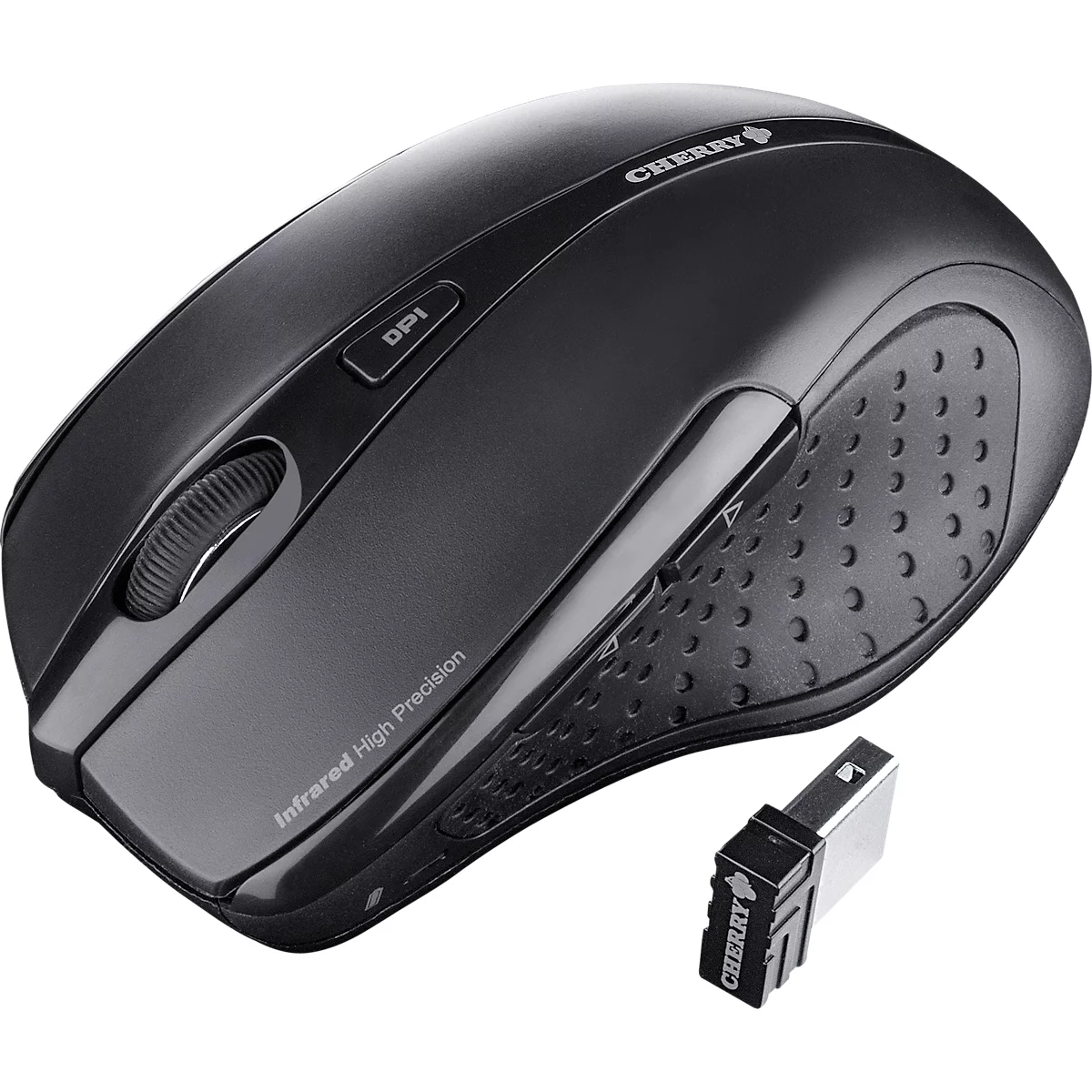 Black wireless computer mouse by Cherry. With DPI button, scroll wheel, and USB receiver. Inscription: Infrared High Precision.