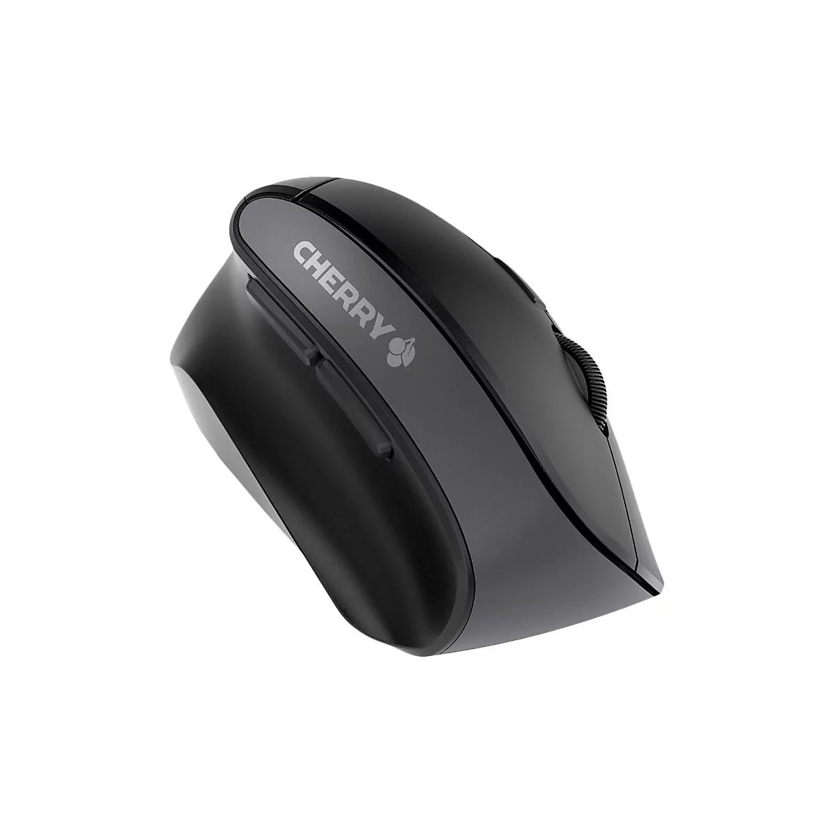 Souris d'ordinateur noire avec le logo Cherry. Molette de défilement sur le côté, fond blanc.