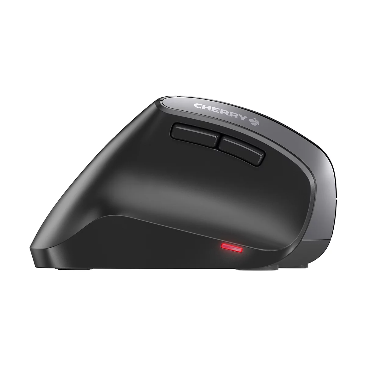 Souris verticale noire, logo CHERRY, LED rouge, design ergonomique.