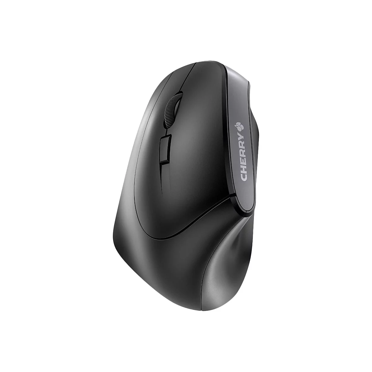 Souris d'ordinateur ergonomique noire sur fond blanc. Il est écrit "CHERRY" sur le côté.