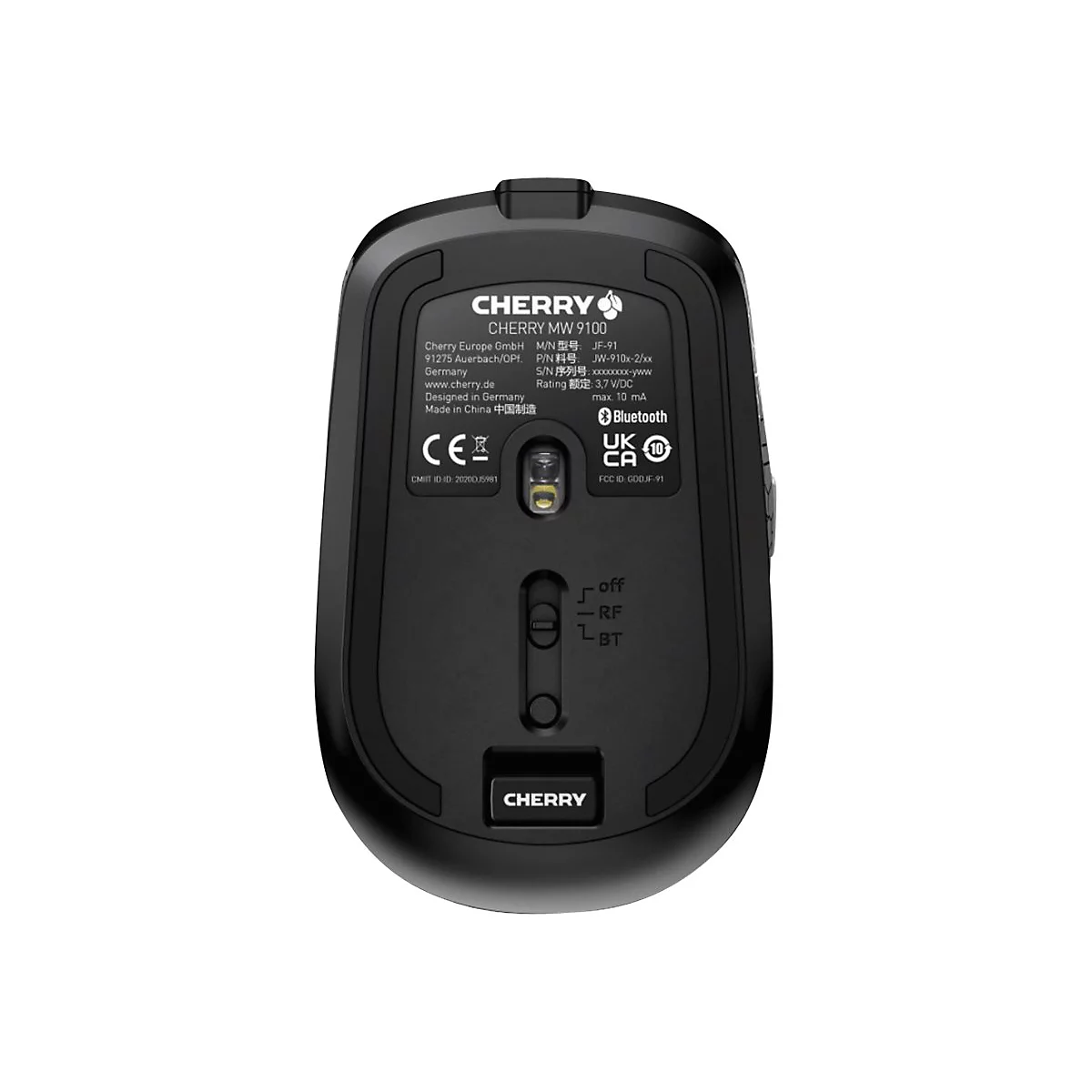 Schwarze Computermaus von unten, mit Logo und technischen Daten.