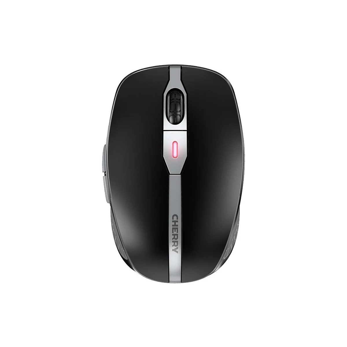 Souris noire sans fil, marque CHERRY, avec des accents argentÃ©s. Une lumiÃ¨re rouge vif est situÃ©e sous la molette de dÃ©filement.