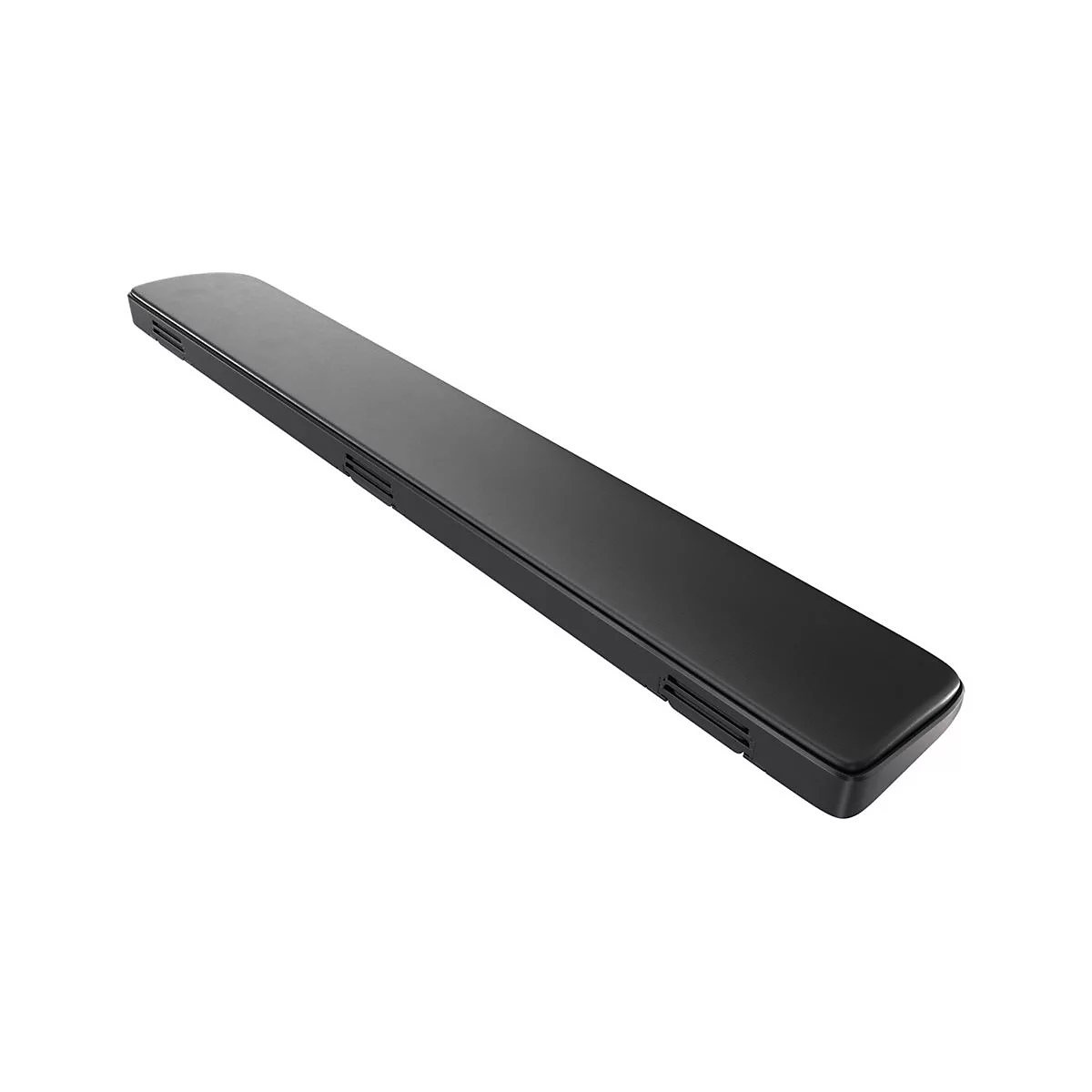 Schwarze Soundbar, länglich und flach, mit seitlichen Lüftungsschlitzen.