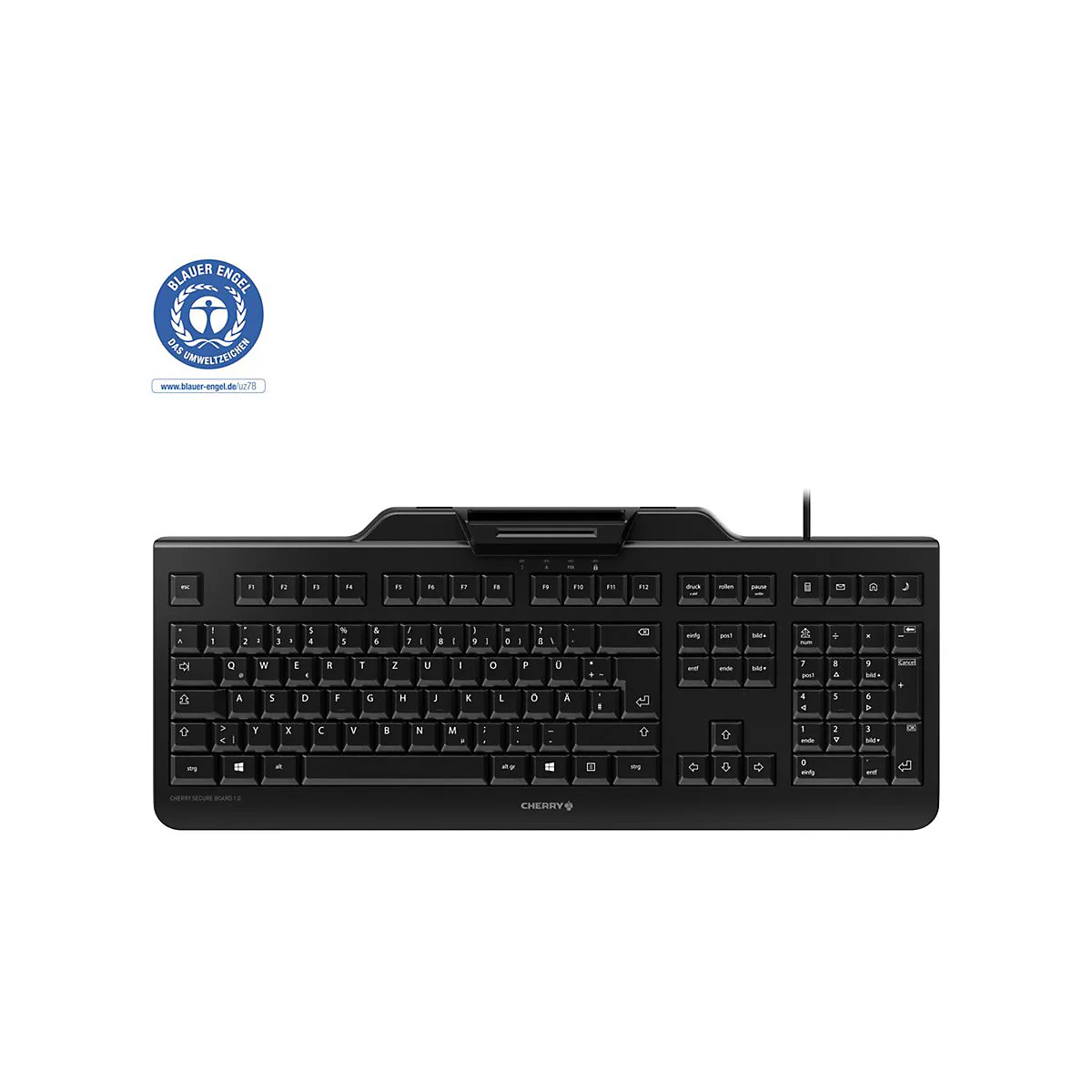Schwarze Computertastatur mit Blauer Engel-Logo. Tastenbeschriftung ist weiÃŸ. Am oberen Rand befindet sich eine Vorrichtung fÃ¼r ein Mobiltelefon.