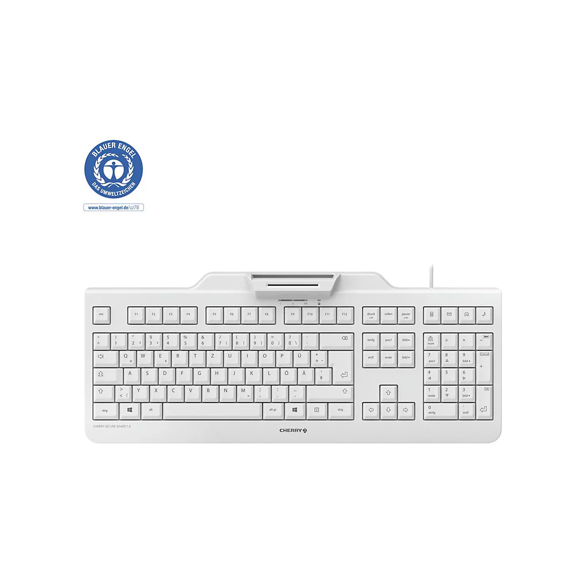 Weisse Computertastatur mit blauer Engel Auszeichnung und CHERRY Logo. Tastenbeschriftung in schwarz.