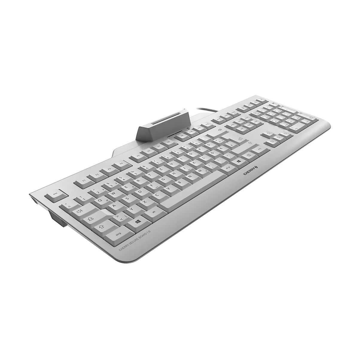 Helles Computertastatur, leicht von oben fotografiert. Die Buchstaben sind grau, das GehÃ¤use hellgrau.