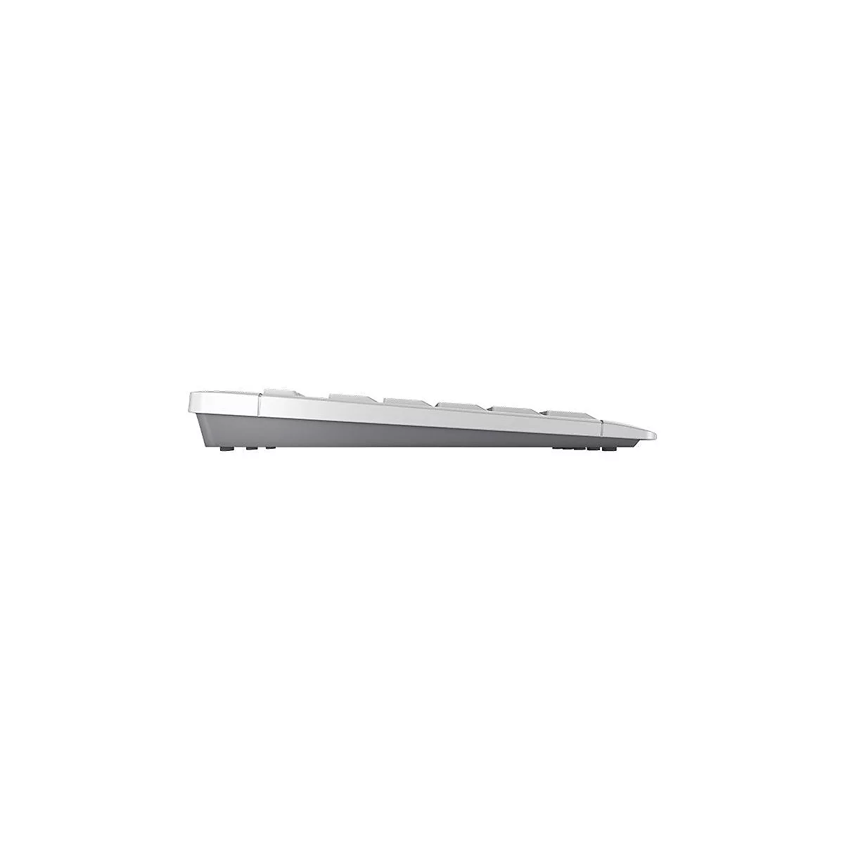 Vue latÃ©rale d'un clavier blanc avec un boÃ®tier gris clair. Les touches sont visibles.