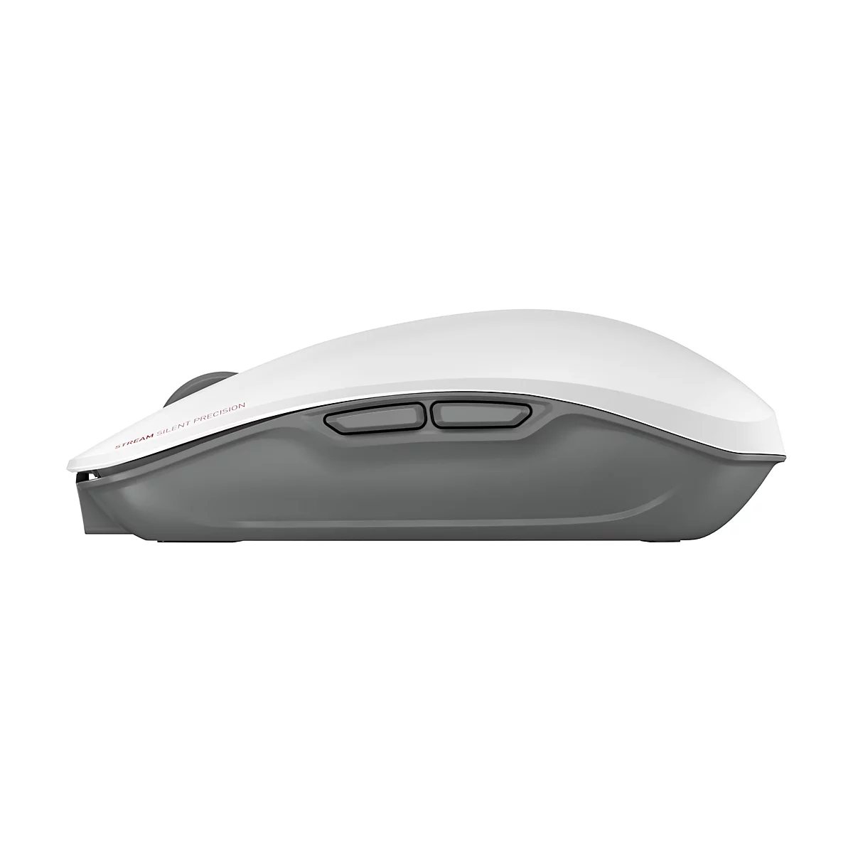 Vue de dessus d'une souris d'ordinateur. Dessus blanc, base grise, deux boutons.