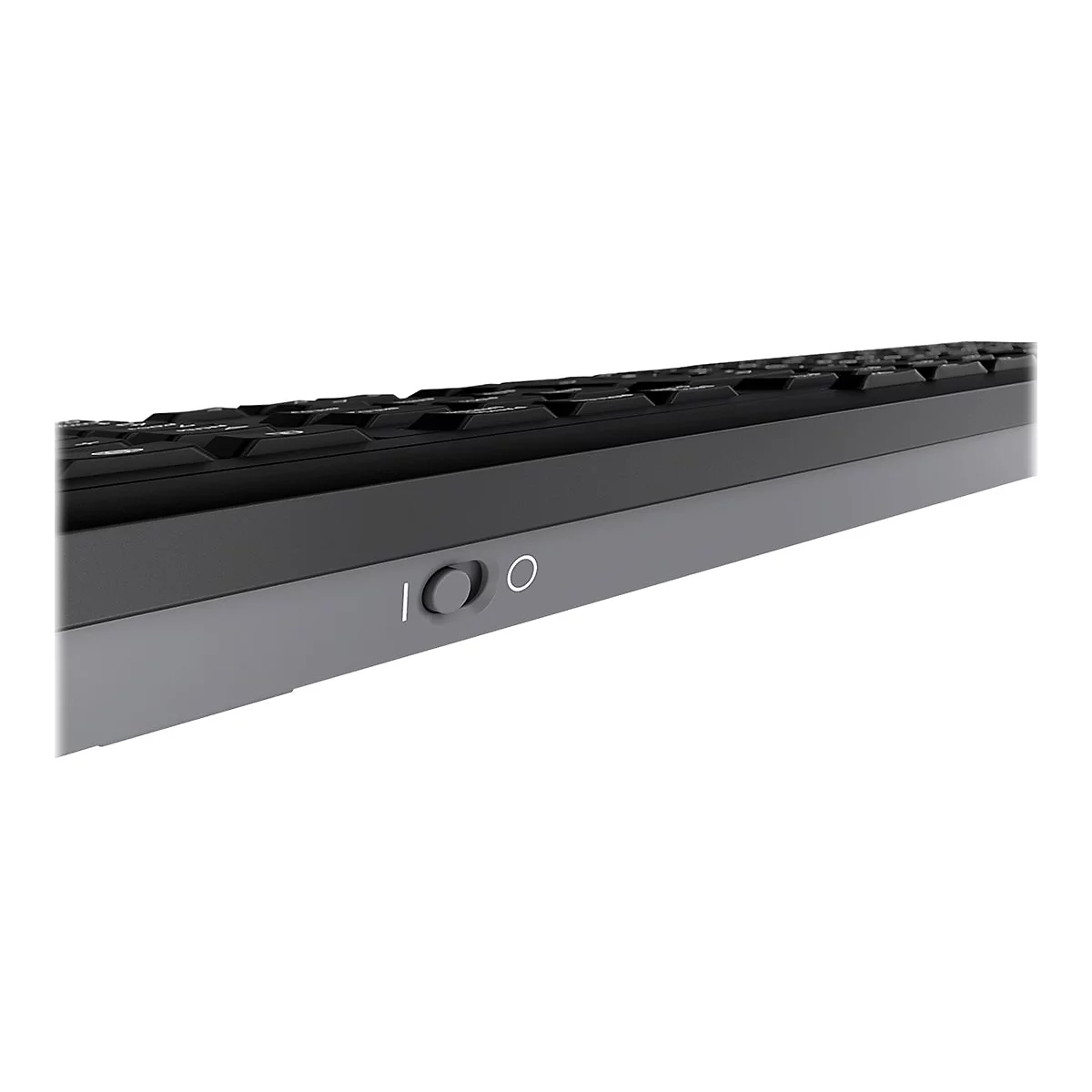 Detailaufnahme einer schwarzen Tastatur. Die Seite zeigt Ein-/Aus-Schalter und Kontrollleuchte.