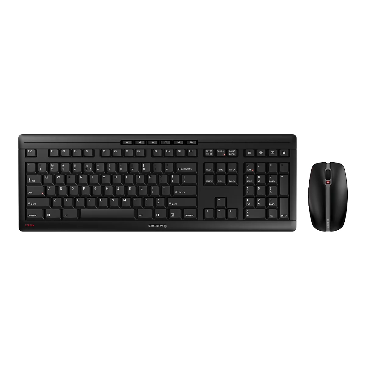 Schwarze Tastatur und Maus auf weiÃŸem Hintergrund. Auf der Tastatur ist das Cherry Logo zu sehen.