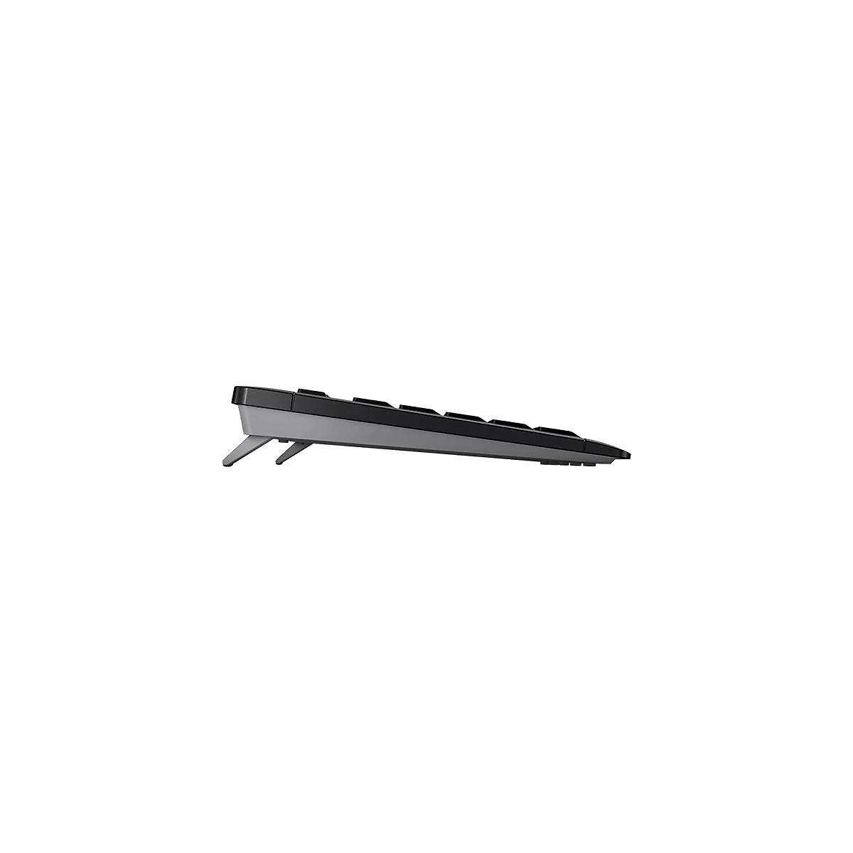 Draufsicht auf eine schwarze Tastatur mit grauen FÃ¼ÃŸen, die leicht angehoben sind. Tasten sind schwarz.