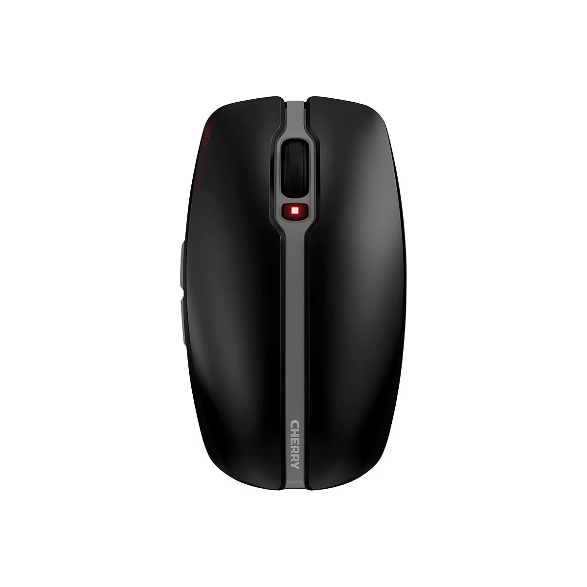 Draufsicht auf eine schwarze Maus mit grauen Akzenten. Oben mittig ein Scrollrad, darunter eine rote LED.