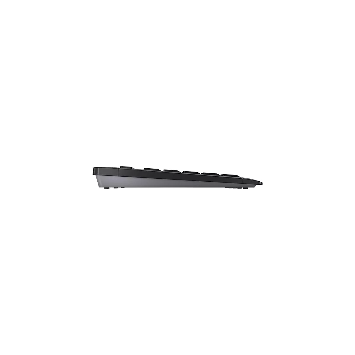 Draufsicht auf eine schwarze Tastatur mit grauem Unterteil. Die Tasten sind erkennbar. Die Tastatur ist leicht angewinkelt.