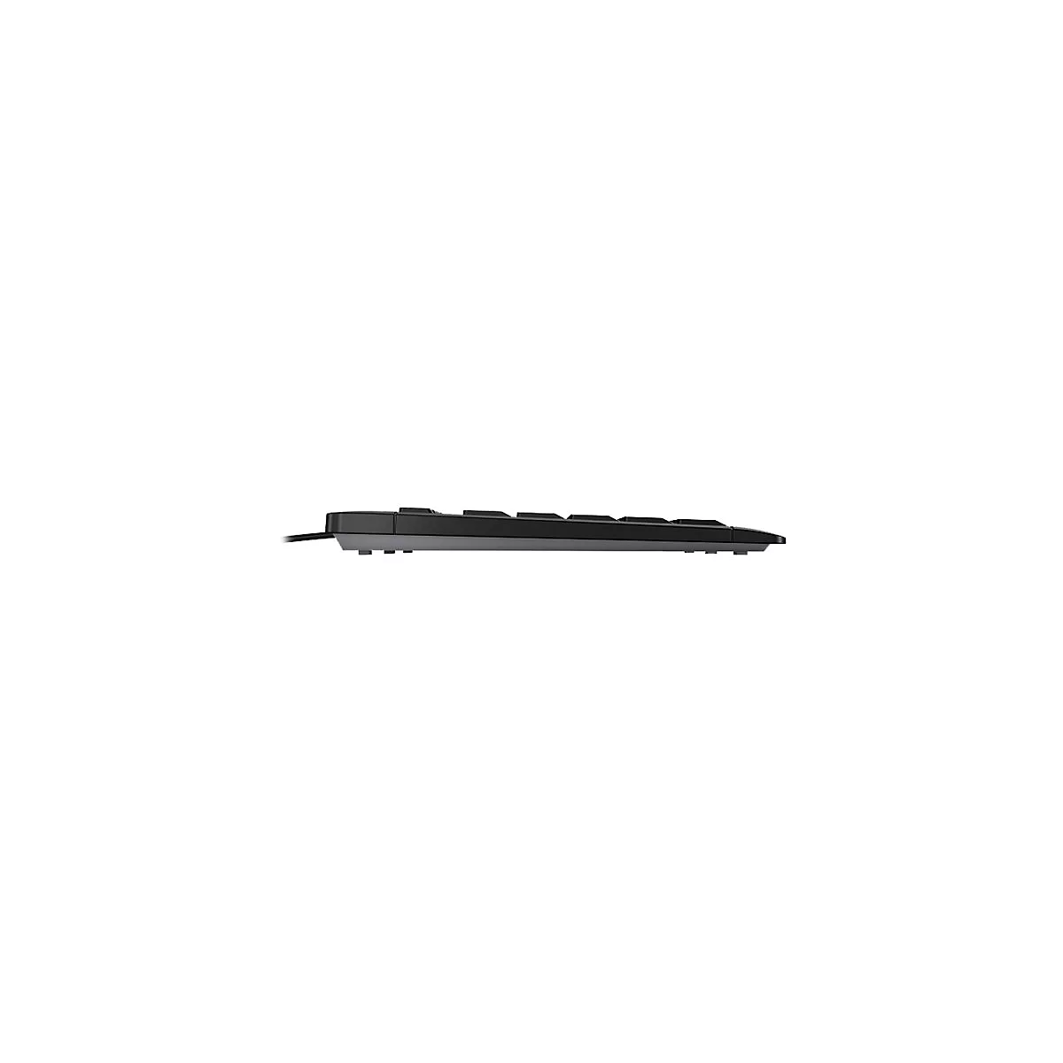Schwarze Tastatur, Seitenansicht. Flaches Design, minimalistisch. Kabelanschluss sichtbar.