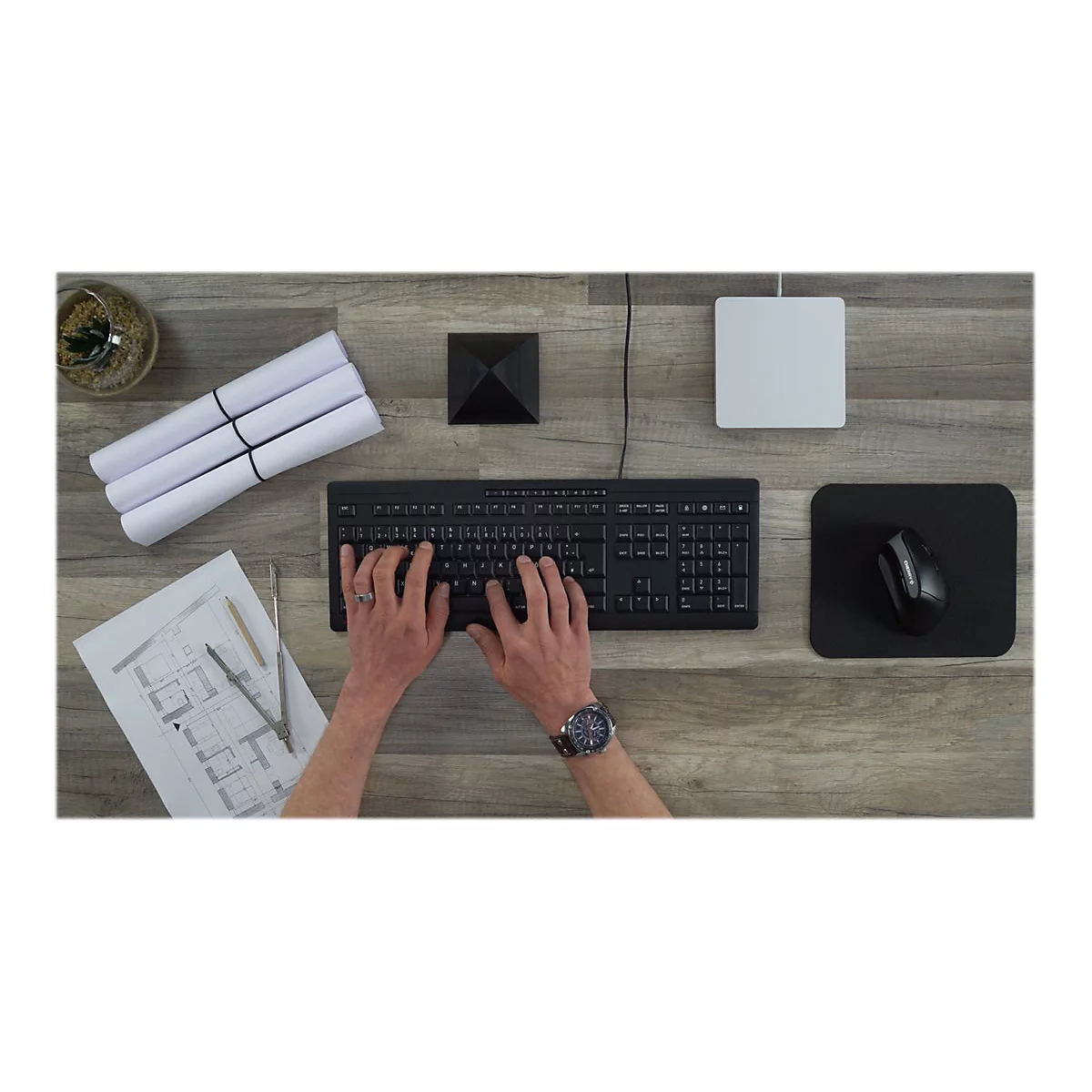 Draufsicht: Hände über Tastatur, mit Uhr, Plänen, Maus, Pflanzen und schwarzem Würfel auf Holz. Büroarbeit, Design, Architektur.