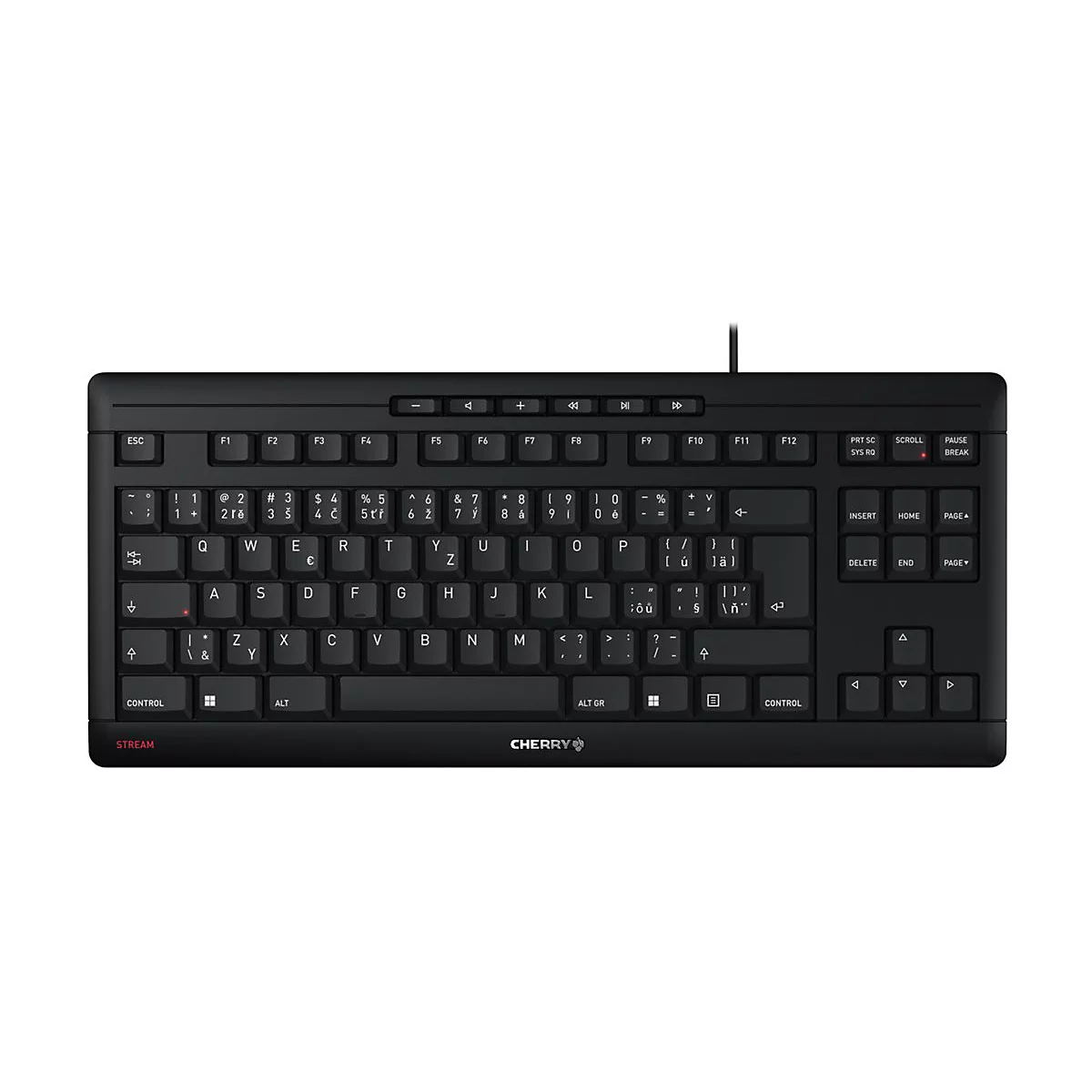 Schwarze Cherry-Tastatur mit weiÃŸen Buchstaben, Kabel und Cherry-Logo.