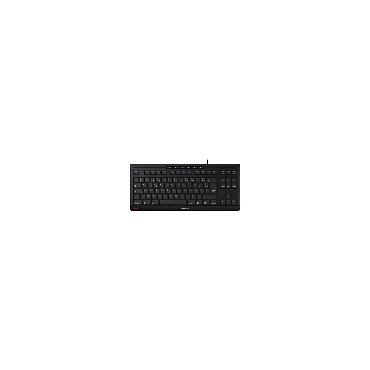 Schwarze Tastatur mit Buchstaben und Zahlen. Das Logo von Cherry ist unten rechts zu sehen.