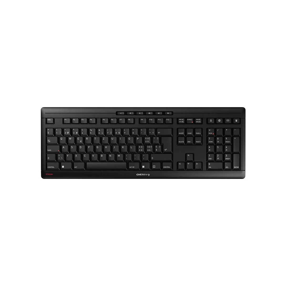 Schwarze Tastatur mit vielen Tasten auf weiÃŸem Hintergrund.