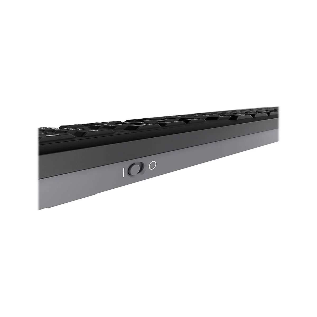 Nahaufnahme einer Tastatur, Fokus auf den Ein- und Ausschalter und das Tastaturprofil.