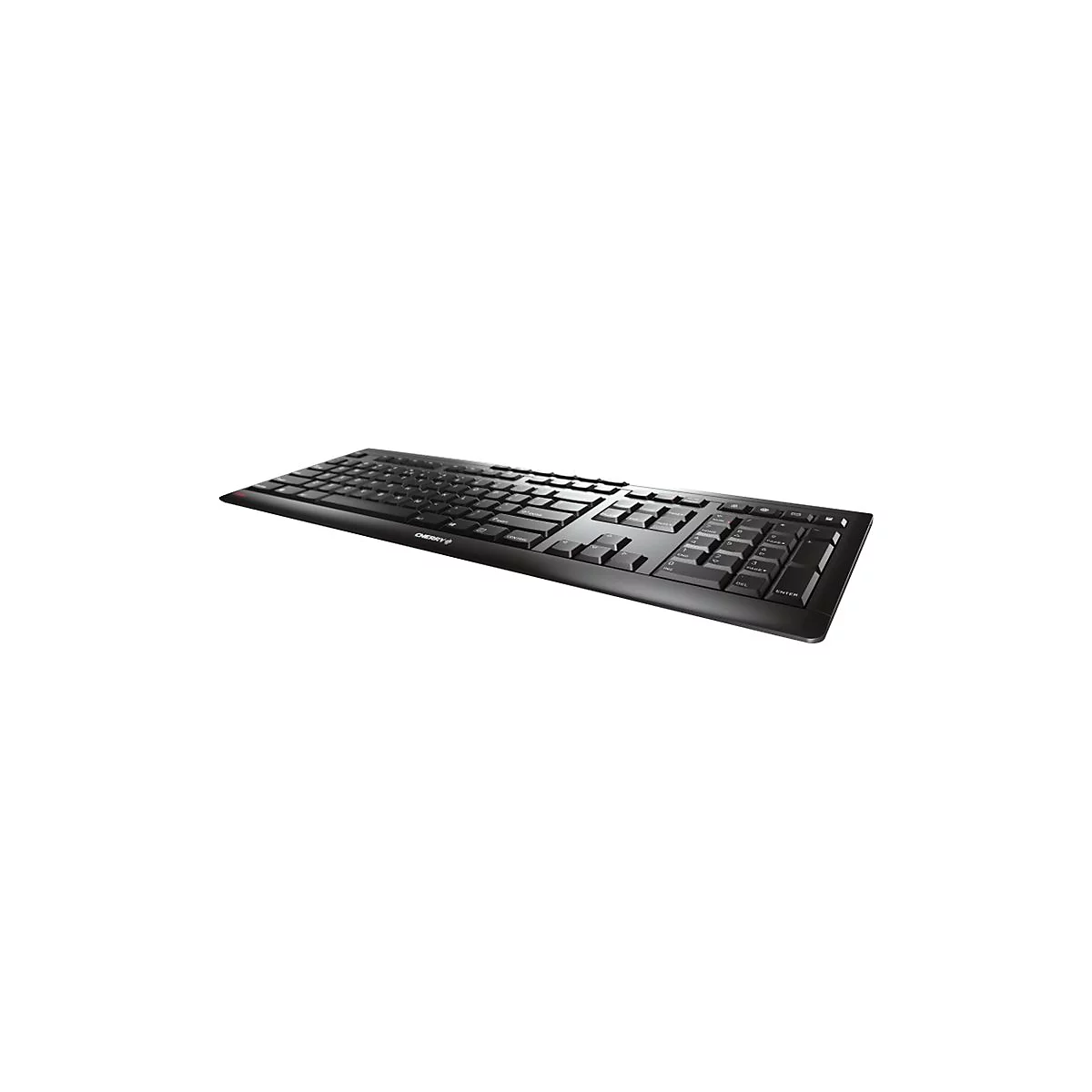 Schwarze Computer-Tastatur im Detail, diagonal von links unten nach rechts oben fotografiert.