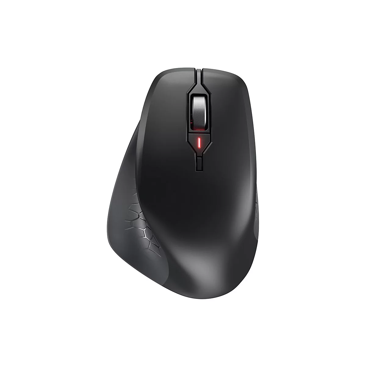 Schwarze ergonomische Maus. Auf der Oberseite befindet sich ein Scrollrad und eine rote LED. Die linke Seite hat ein Wabenmuster.
