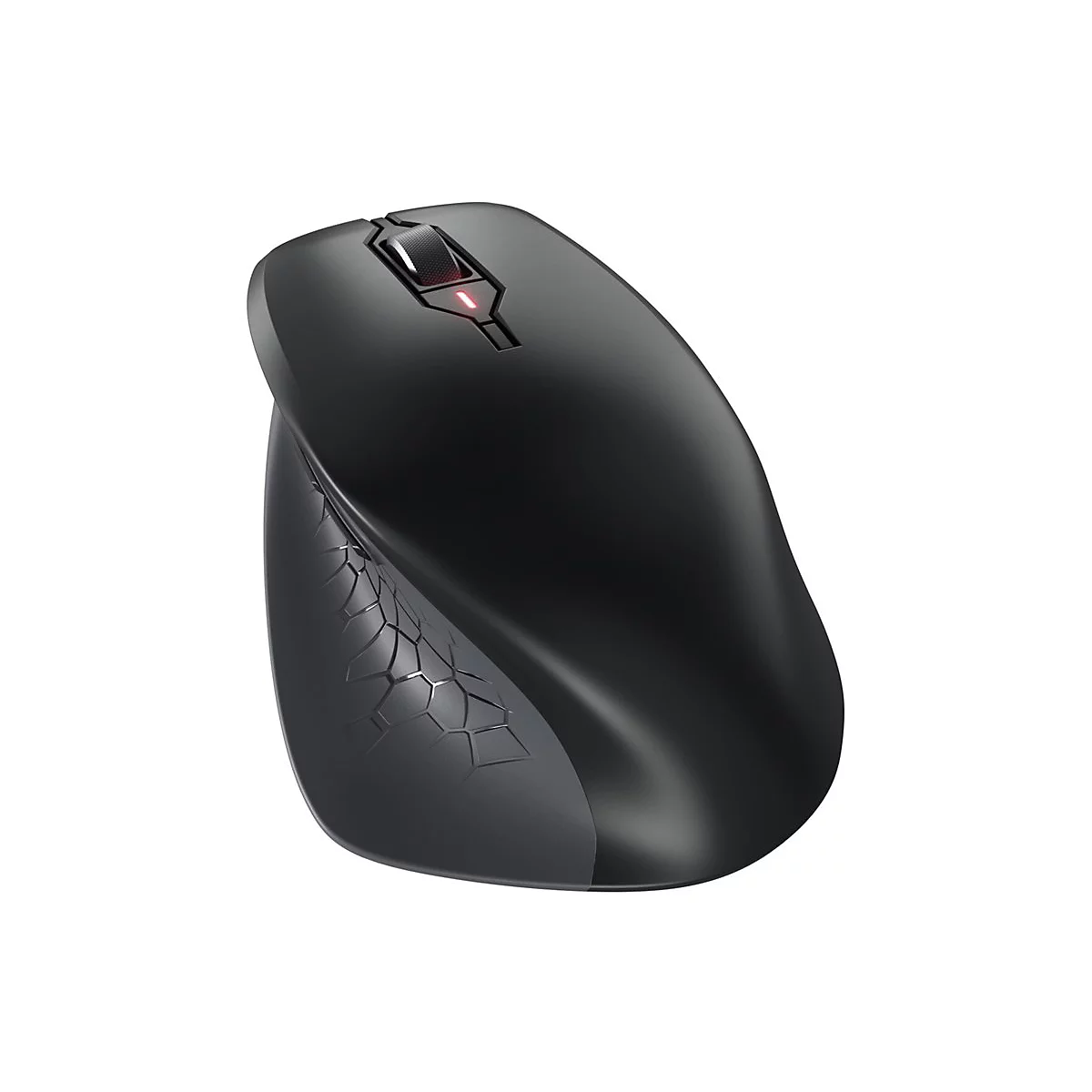 Schwarze ergonomische Maus mit rotem Licht auf weiÃŸem Hintergrund.