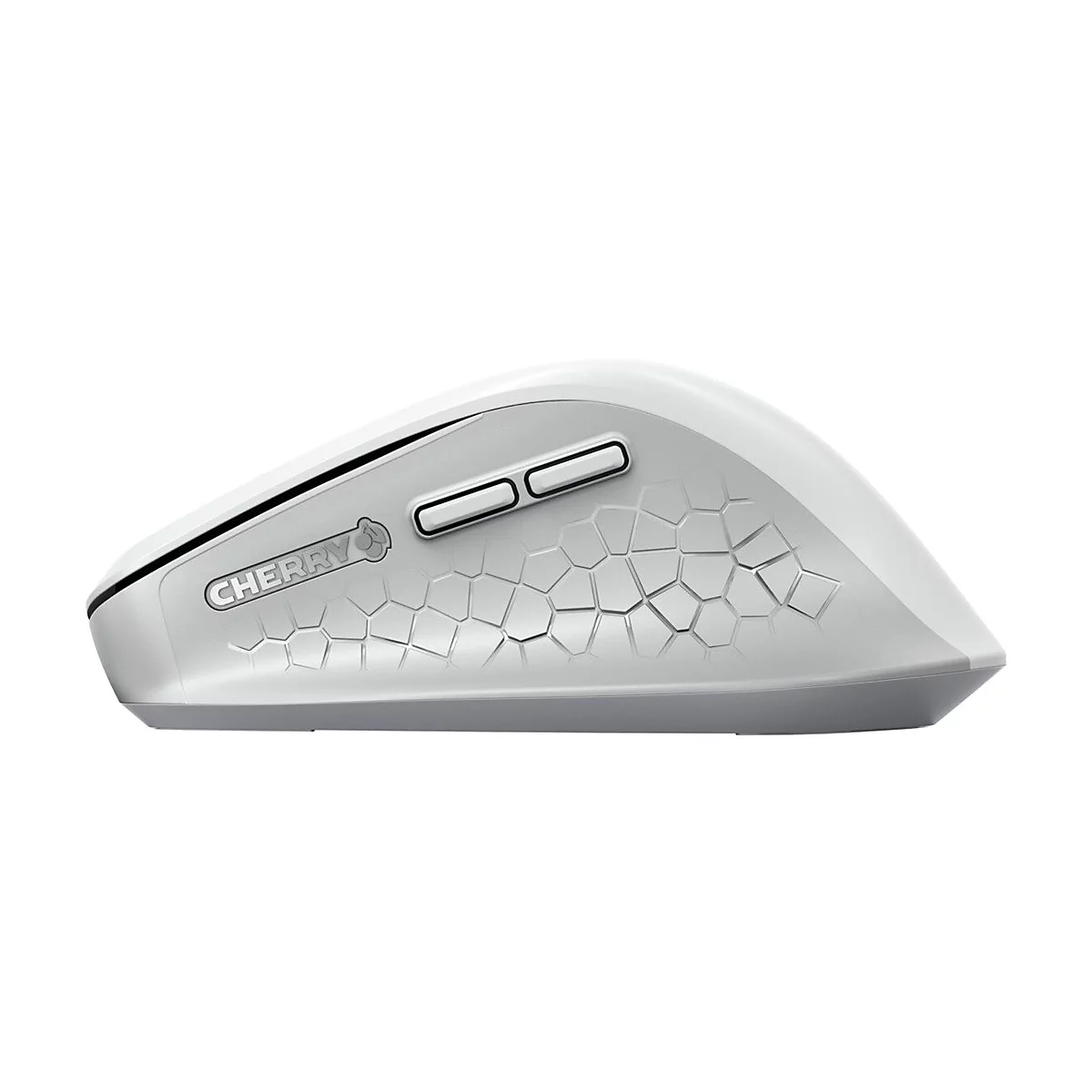 Vue de profil d'une souris d'ordinateur blanche. Avec le logo CHERRY, deux boutons et une surface texturÃ©e.