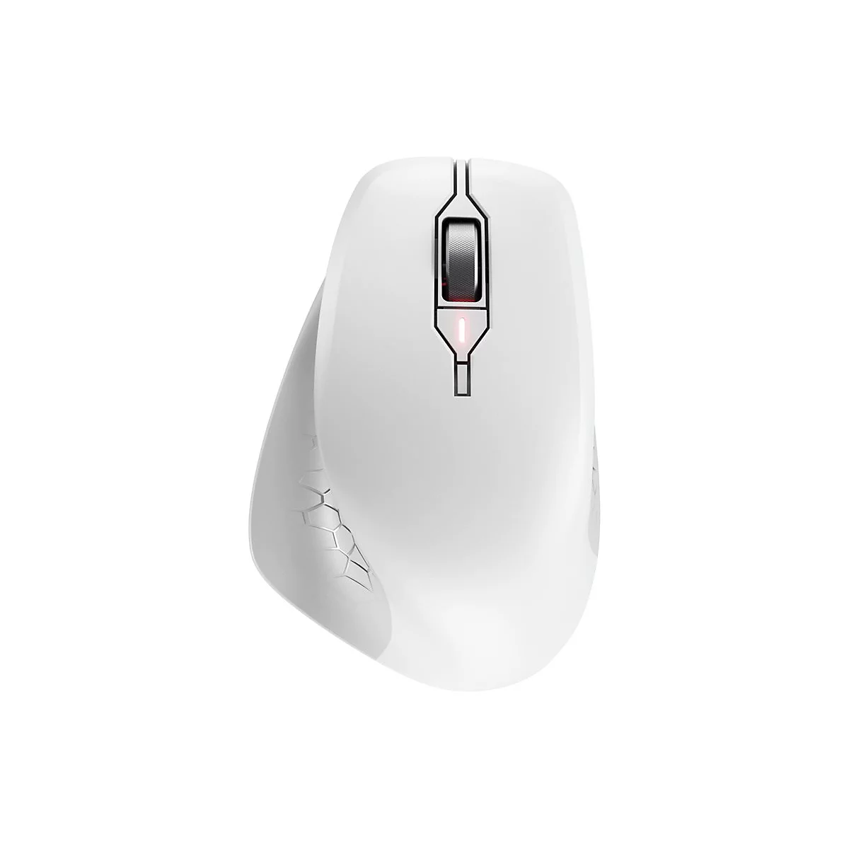 Souris ergonomique blanche avec molette de dÃ©filement et boutons supplÃ©mentaires. Sur fond blanc.