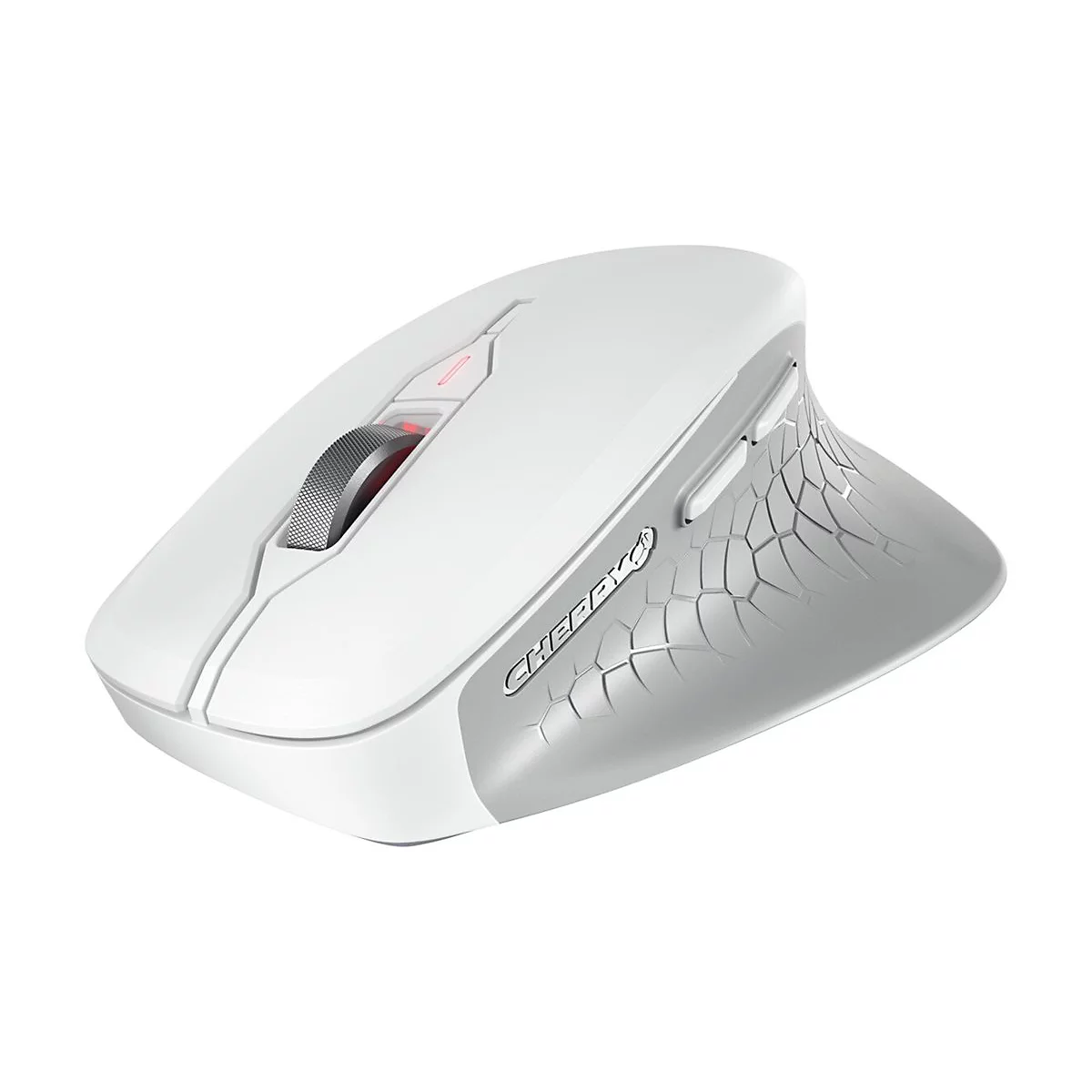 Souris ergonomique blanche avec un accent gris, une molette et deux boutons. L'inscription 'CHERRY' est visible.