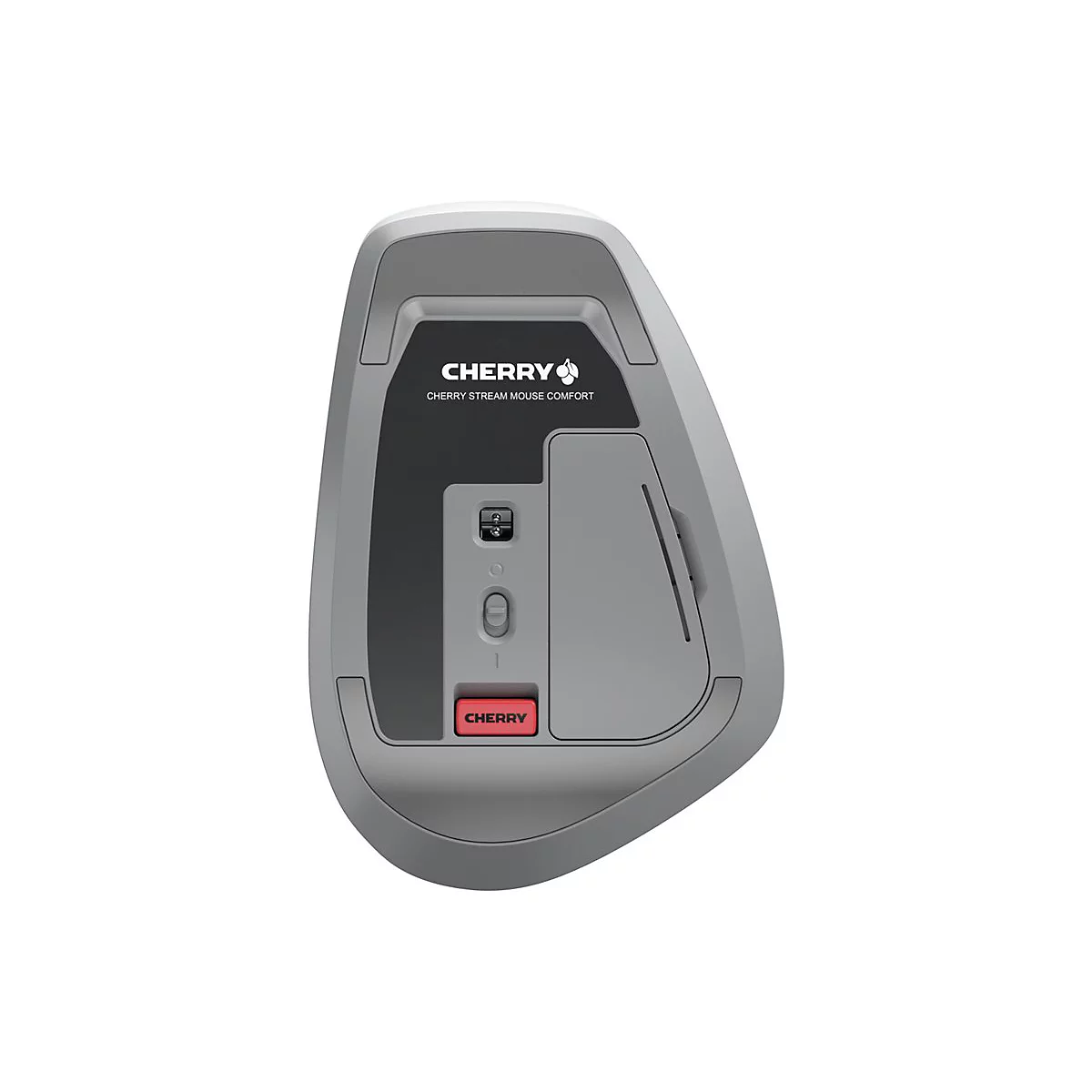 Graue ergonomische Maus von Cherry. Auf der Maus befindet sich der Schriftzug CHERRY und STREAM MOUSE COMFORT.
